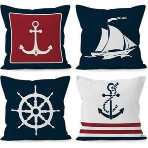 Navy Blue Nautical Anchor Pillow Covers 18x18 Set of 4 Ocean Coastal Boat Decor